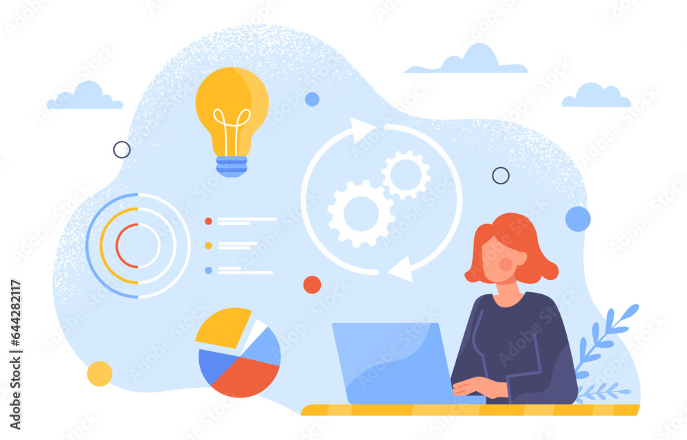 Woman with process optimization concept. Young girl with laptop sitting near idea. Analyst and consultant with graphs and charts. Brainstorming and inspiration. Cartoon flat vector illustration