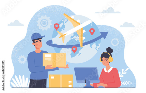 Company purchare materials concept. B2b deals and agreements. Globalization and international trading, logistics. Courier with box near woman with computer. Cartoon flat vector illustration