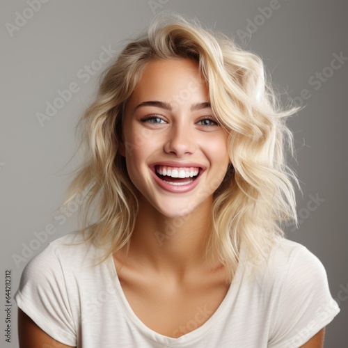 portrait of a beautiful young blonde model woman laughing and smiling with clean teeth