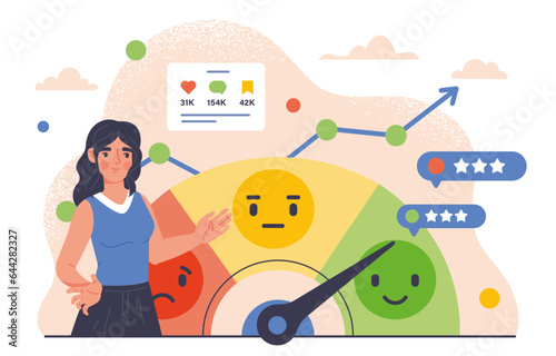 Woman with reputation meter concept. Young girl near gauge meter with different emotions. Scale from negative to positive. Feedback and users review. Cartoon flat vector illustration