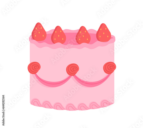 Cake with glaze concept. Dessert and delicacy for holiday or event. Bakery product with strawberries. Social media sticker. Cartoon flat vector illustration isolated on white background
