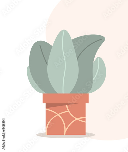 Plant in flowerpot concept. Branches with leaves in brown pot. Bloom and lossom flower. Poster or banner for website. Cartoon flat vector illustration isolated on white background photo