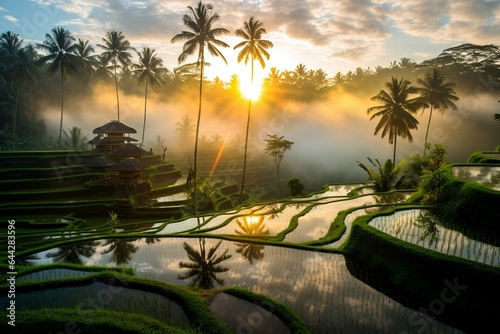 Mesmerizing dawn at Tegalalang rice fields. Enchanting radiance and mystical sunbeams. Bali tourism. Generative AI © Halcyon