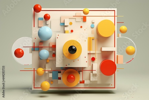 Abstract composition of a 3D box adorned with cube and round stickers. Generative AI