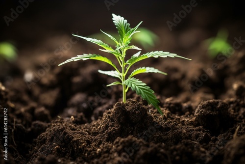 Cannabis seedling growing on dark soil. Generative AI