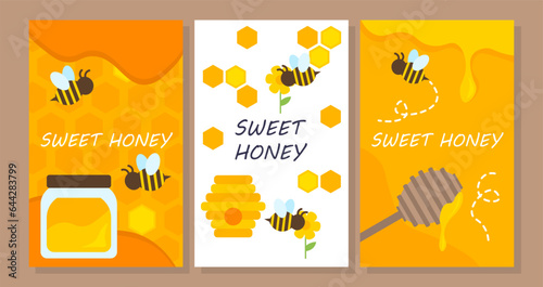 Sweet honey posters set. Bees near glass jar with organic dessert and delicacy. Apiary with yellow and black insect. Flyer and booklet. Cartoon flat vector collection isolated on yellow background