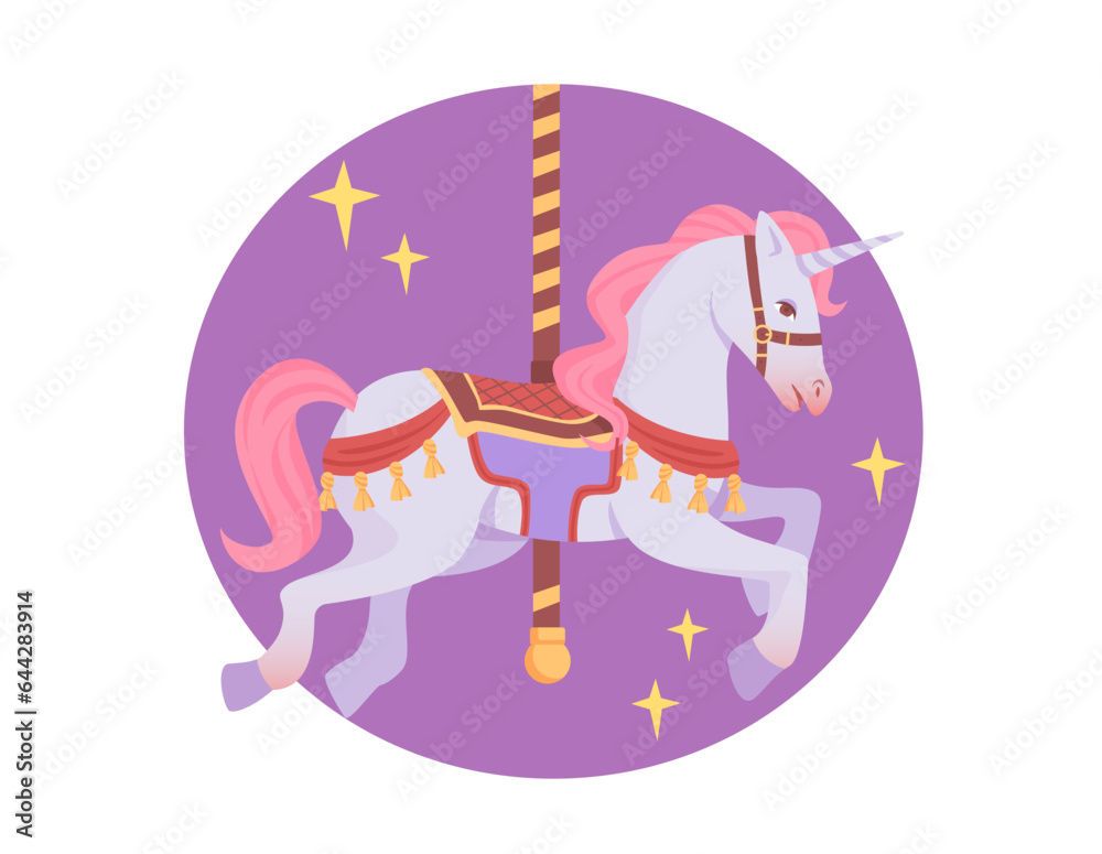Obraz premium Toy unicorn for kids concept. Entertainment and leisure. Part of amusement park for children. Fun for boys and girls. Poster or banner for website. Cartoon flat vector illustration