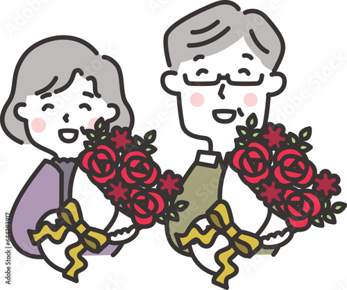 赤い花束をプレゼントされてよろこぶ高齢夫婦のイラスト　還暦のお祝い　敬老の日