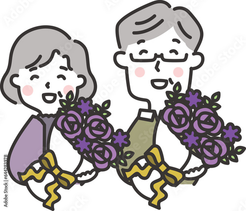 紫の花束をプレゼントされてよろこぶ高齢夫婦のイラスト　古希のお祝い　敬老の日