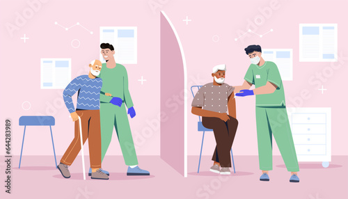 People with vaccination concept. Prevention from viruses and coronavirus. Grandmother and grandfather with nurses. Health care and medicine, treatment. Cartoon flat vector illustration