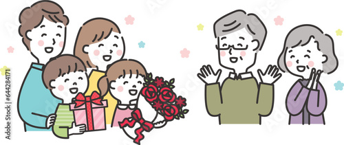 祖父母の還暦を祝う家族のイラスト　敬老の日　三世代