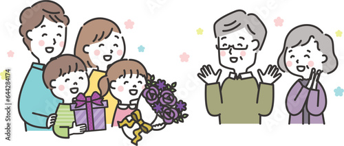 祖父母の古希を祝う家族のイラスト　敬老の日　三世代