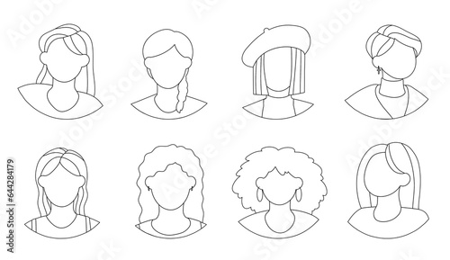 Woman line icons set. Silhouettes of young girls. Minimalistic creativity and art. Pack of avatars for social networks and messengers. Linear flat vector collection isolated on white background