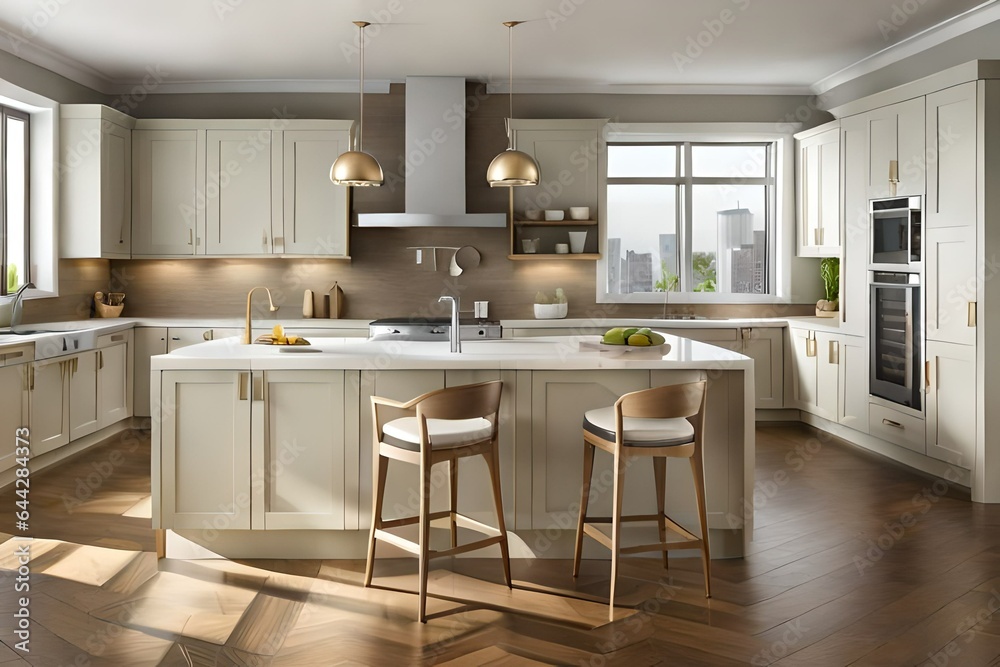 Beige home kitchen interior with bar island, side view. Fridge and shelves with kitchenware. Stylish cooking and dining corner with panoramic window. 3D rendering Beige home kitchen interior with bar island, side view. Fridge and shelves with kitchenware. Stylish cooking and dining corner with panoramic window. 3D rendering