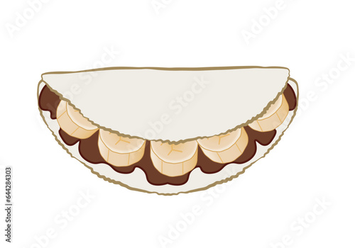 Brazilian food tapioca with sliced ​​banana and chocolate. Food made from cassava starch with various fillings. Vector illustration isolated on transparent background.