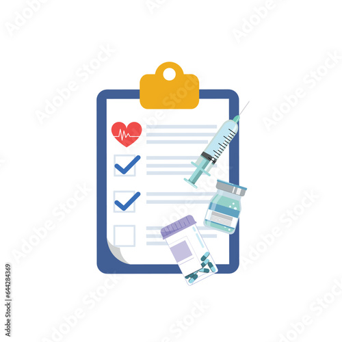 Vaccine with clipboard vector concept. Syringe with liquid, glass bottle with vaccine. Aid medicine with checklist for health pharmaceutical.