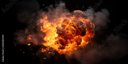 Realistic fiery bomb explosion with smoke isolated on black background
