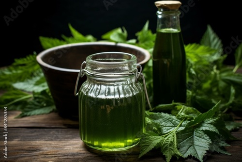 Nettle leaves in a mug, juice and tincture in bottles on wooden background. Urtica for food, medicine, homeopathy and cosmetology. Generative AI