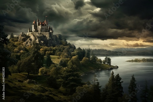 A hilltop castle overlooks a dark lake with a tree and stormy sky. Generative AI