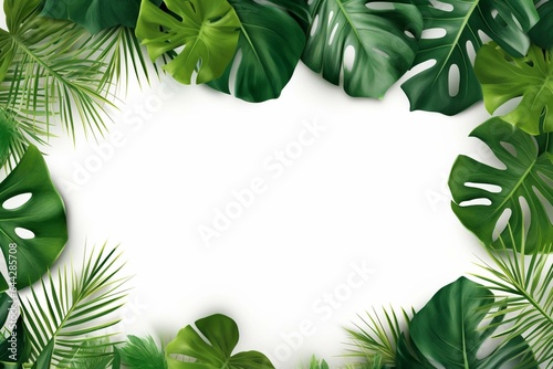 Tropical plant with green leaves forms nature frame on white background. Generative AI