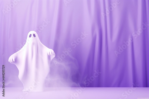 Funny creepy white ghost sheet costume isolated on bright purple background. Magic scary spirit. Happy Halloween! Halloween party minimal concept