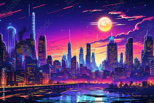 Sci-fi cityscape with neon lights, retro wave vibes. Keywords: 80s, synthwave, cyberpunk, illustration, skyline, plane, sun, night, glowing. Generative AI