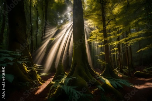 rays of light in the forest  Spheric panorama in a forest  magnificent upwards view to the treetops 