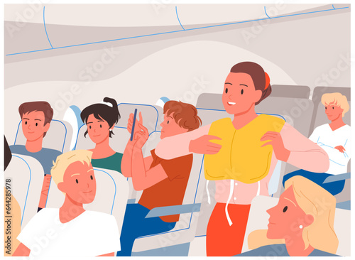 Safety instructions and life vest demonstration by stewardess in cabin of airplane vector illustration. Cartoon flight attendant standing in aisle between passenger seats, introducing safety jacket
