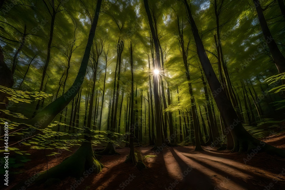 rays of light in the forest ,Spheric panorama in a forest, magnificent upwards view to the treetops 
