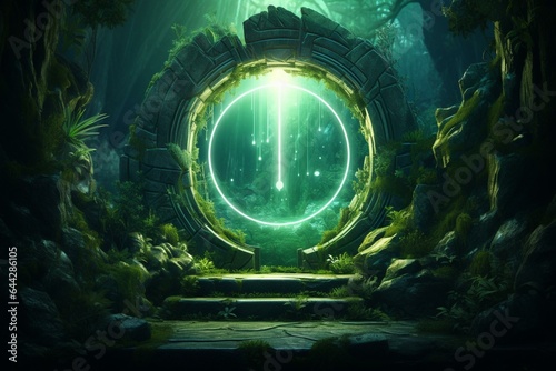 Illustration of a green stone portal in a mystical location, perfect for meditation, teleportation, magic, chakras, and parallel worlds. Generative AI