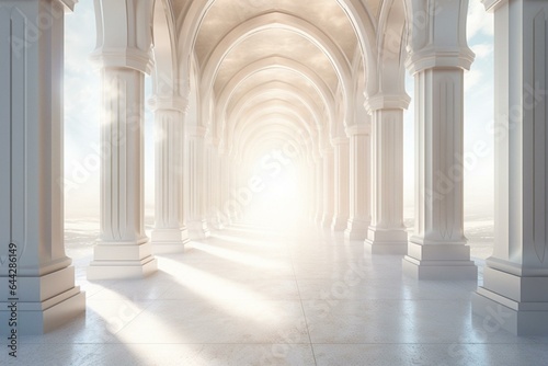 The sunlight filters through columns in a long, white corridor creating a fantastic and magical illustration. Generative AI