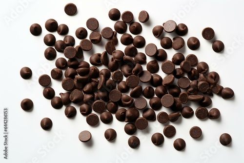 Overhead view of rich dark chocolate chips set against a clean white backdrop. Generative AI