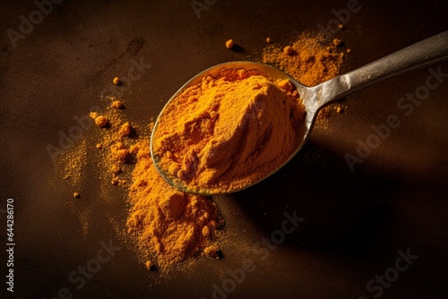 Turmeric powder on a spoon. Generative AI