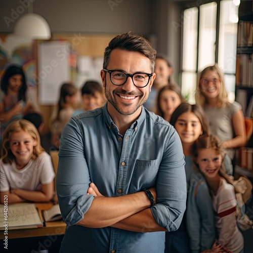 Portrait of smiling male teacher standing in a class at elementary school looking at camera with learning students on background © omachucam