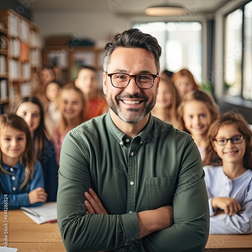 Portrait of smiling male teacher standing in a class at elementary school looking at camera with learning students on background