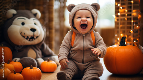 ハロウィンのジャコランタンやぬいぐるみが飾られた部屋でくま耳の着ぐるみをきたかわいい赤ちゃんが座って笑っている写真 photo