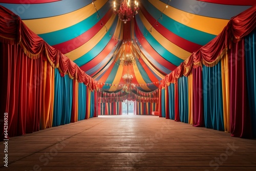 A vibrant interior view of a circus tent showcasing colorful hues. Generative AI