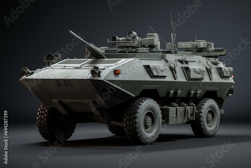 3D model of a gray Stryker armored vehicle, used by the US military for landmine and ambush defense. Generative AI photo