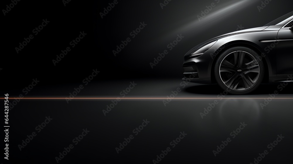 Close-up of a black car on a dark background - obrazy, fototapety, plakaty 