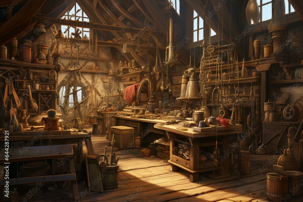Illustration of a vintage leather working workshop showcasing a weathered and traditional environment complete with tools and equipment from the past. Generative AI