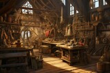 Illustration of a vintage leather working workshop showcasing a weathered and traditional environment complete with tools and equipment from the past. Generative AI