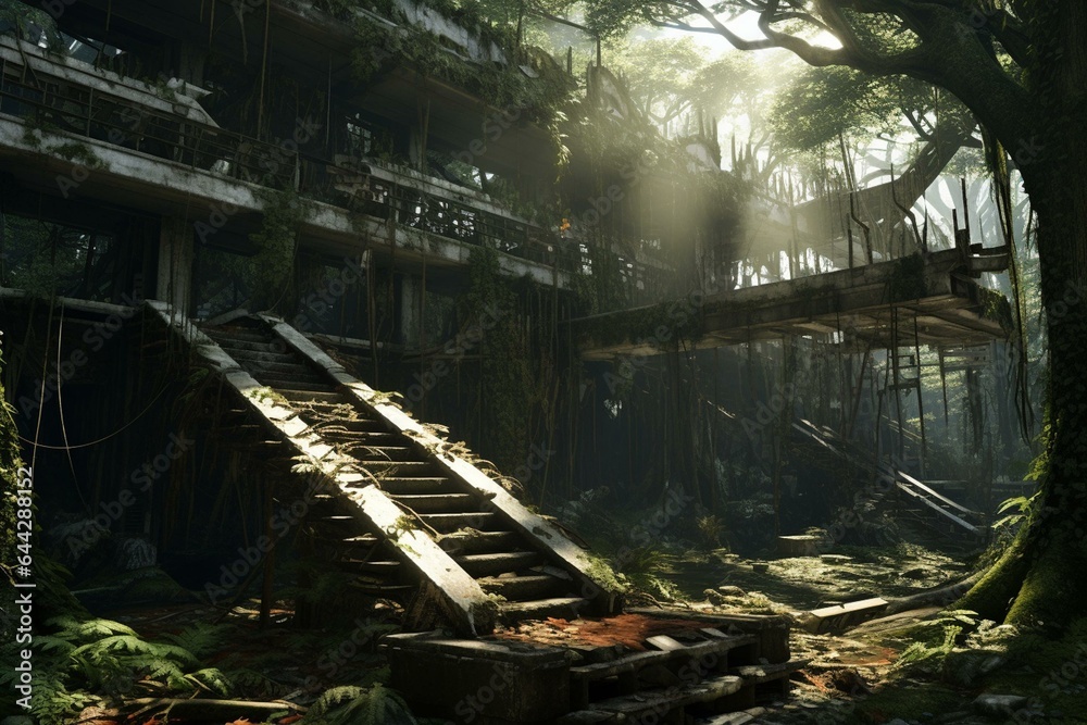 3D rendering featuring an abandoned structure amid a dense forest. Generative AI