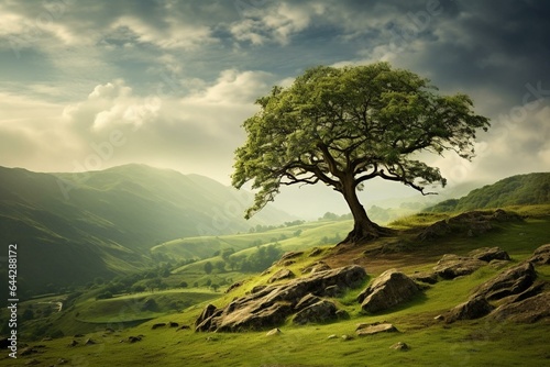 Beautiful solitary tree standing atop a lush hill. Generative AI