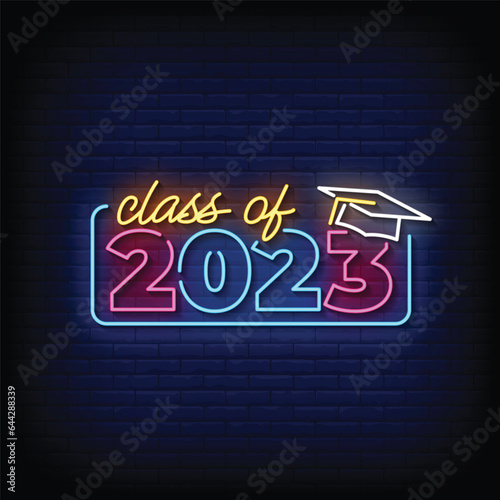Neon Sign class of 2023 with brick wall background vector