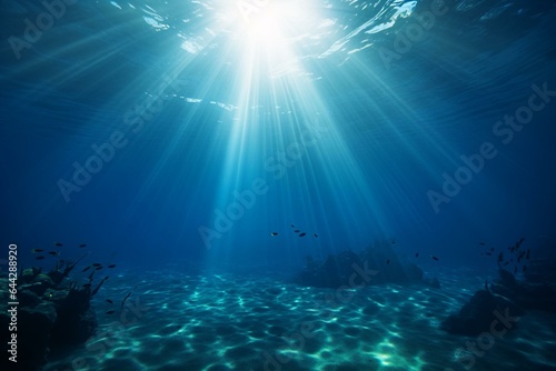 Mesmerizing deep blue ocean floor with sandy bottom illuminated by beautiful rays of light. Generative AI © Saffron