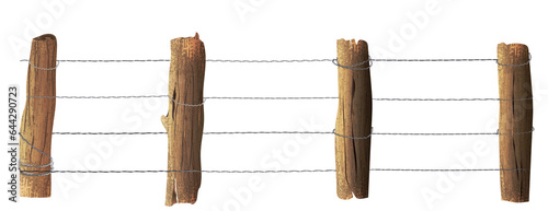 Wooden fence with steel wire.Wood log fence pole