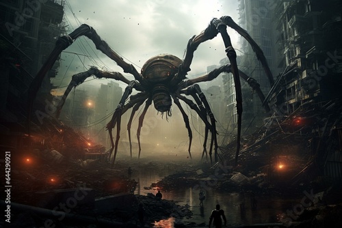 Giant spiders wreak havoc in a futuristic metropolis. Generative AI