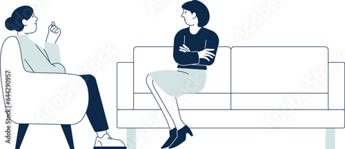 Woman talking with psychotherapist. Characters on couch session