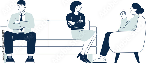 Couple therapy. Man and woman sit on sofa and talking with psychologist