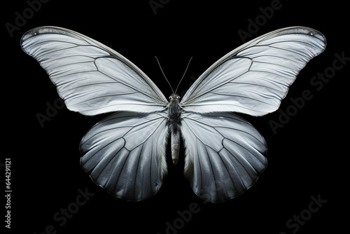 A white butterfly on a black background, its spread wings allow light to shine through. Generative AI